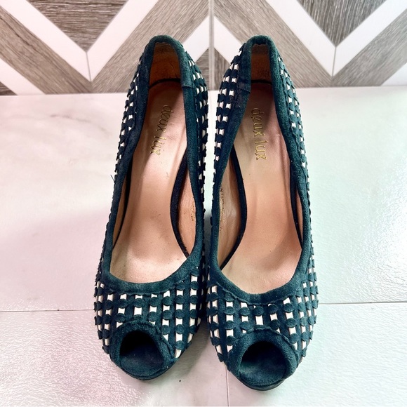 Duex lux vintage y2k suede black woven checkered peep toe wedge size 38 black - Picture 3 of 12